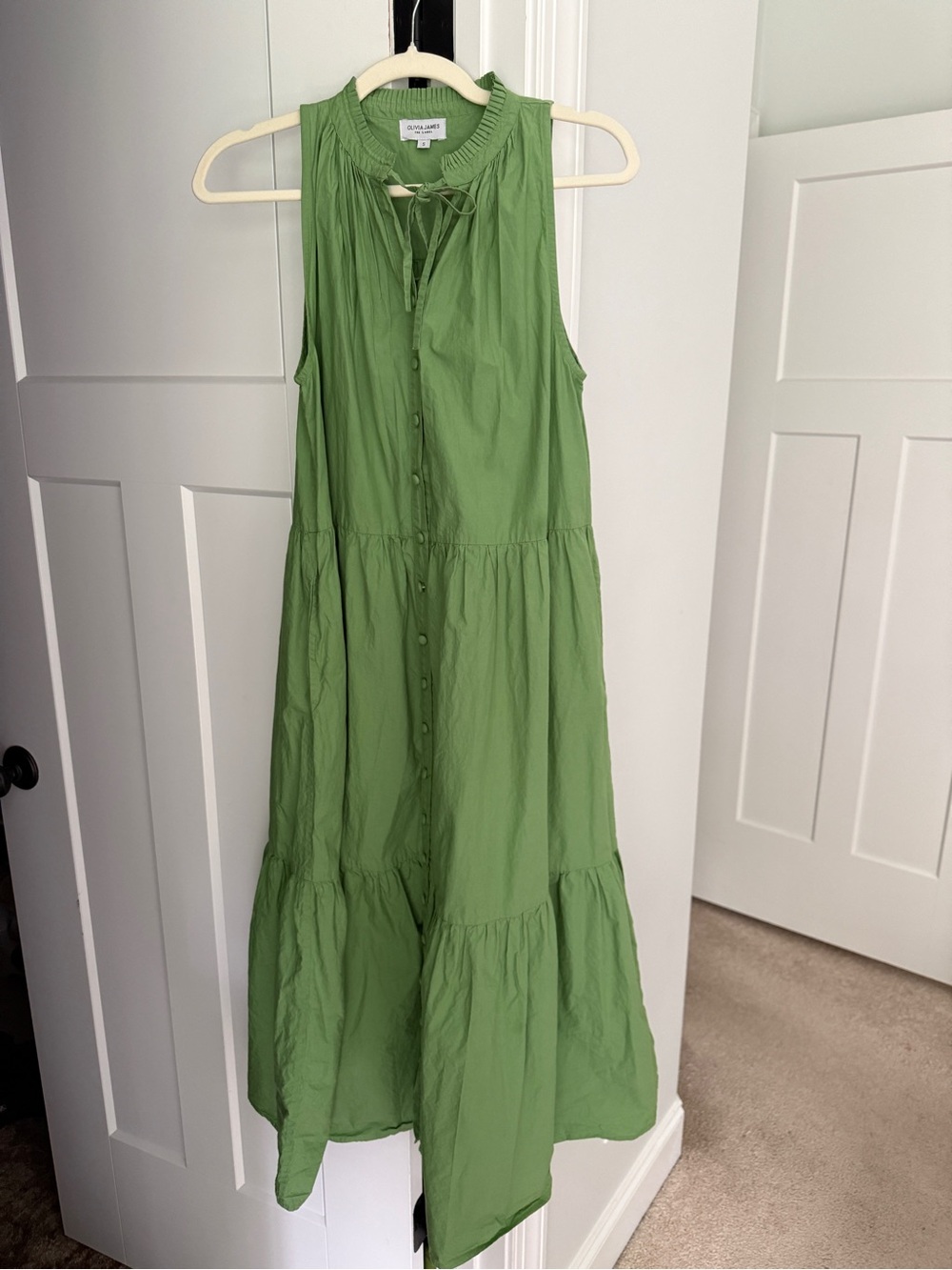 Olivia James green maxi tie neck pockets tiered dress